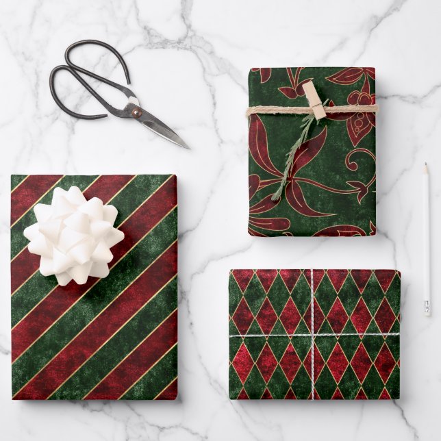 Weihnachten Weihnachten Imitate Velvet Rot Grün Ur Geschenkpapier Set (Vorderseite)