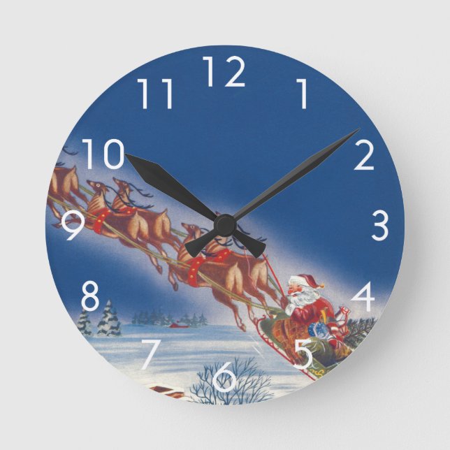 Weihnachten, Weihnachten, Schlitten mit Rentier Runde Wanduhr (Vorderseite)