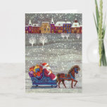 Weihnachten, Weihnachten, Weihnachtsmann, Pferd Op Feiertagskarte<br><div class="desc">Einfach Weihnachtskarte anpassen,  einfach Ihre persönliche Nachricht hinzufügen! 
Vintage Abbildung Viktorianisch Fröhliches Weihnachtsbild mit einem fröhlichen Weihnachtsmann-Reiten in einem Pferd Open Sleigh am Heiligabend. Im Winter schneit es mit einer schläfrigen Stadt in der Ferne. Weiße Bäume bedeckt mit schneebedeckten Ästen,  während Schneeflocken sanft vom Nachthimmel fallen.</div>