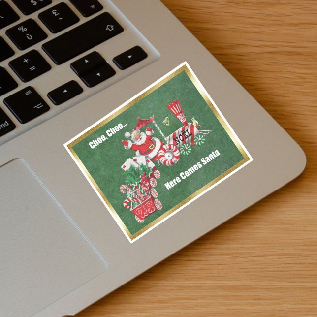 Weihnachten Weihnachten Zug Candy Canes Gold Grenz Aufkleber (Santa Riding Christmas Train Candy canes, letters on green with gold border vinyl sticker.)