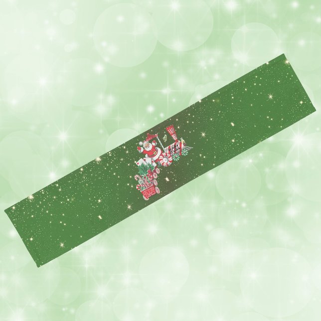 Weihnachten Weihnachten Zug Süßigkeiten Briefe Gol Kurzer Tischläufer (Santa riding Christmas train with candy, letters on dark green with gold stars holiday table runner.)