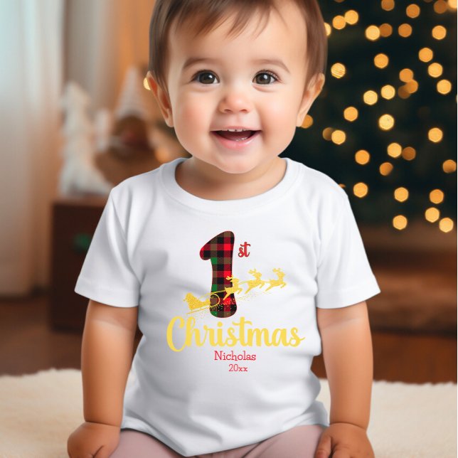 Weihnachten Weihnachtsfeier Buffalo Karierter Name Baby T-shirt (Von Creator hochgeladen)