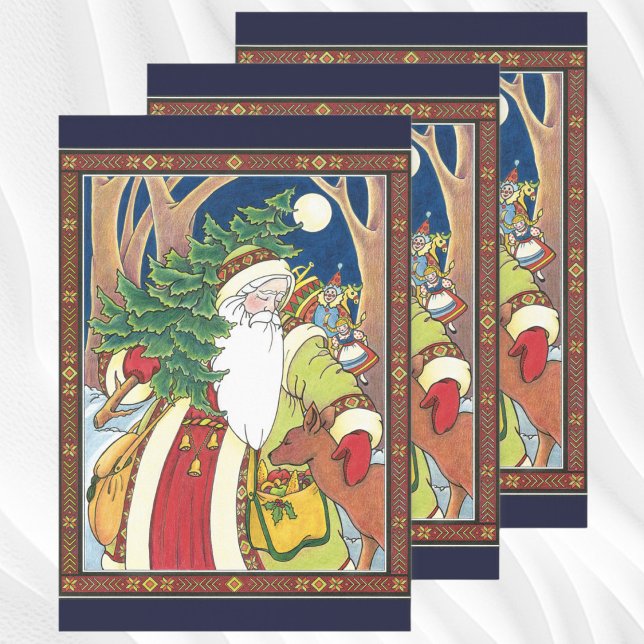 Weihnachten, Weihnachtsmann, Hirsch im Wald Geschenkpapier Set (Vintage Christmas, Santa Claus Deer in Forest Wrapping Paper Sheets)
