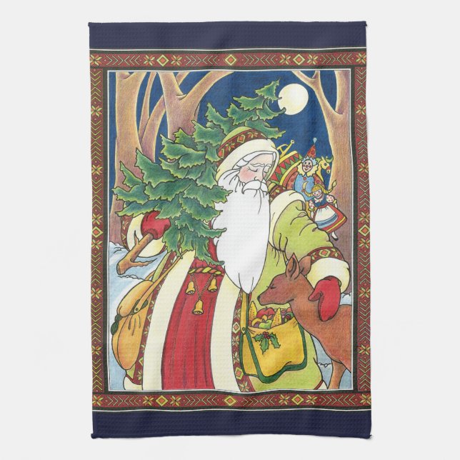 Weihnachten, Weihnachtsmann, Hirsch im Wald Geschirrtuch (Vertikal)
