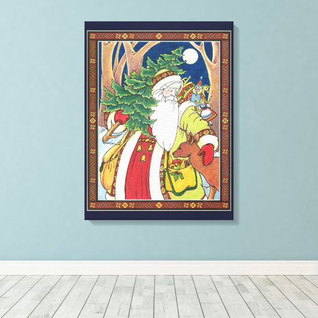 Weihnachten, Weihnachtsmann, Hirsch im Wald Leinwanddruck (Insitu (Holzboden))