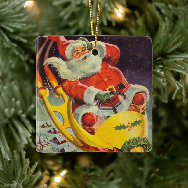 Weihnachten, Weihnachtsmann in einem Raumschiff Keramikornament (Baum)