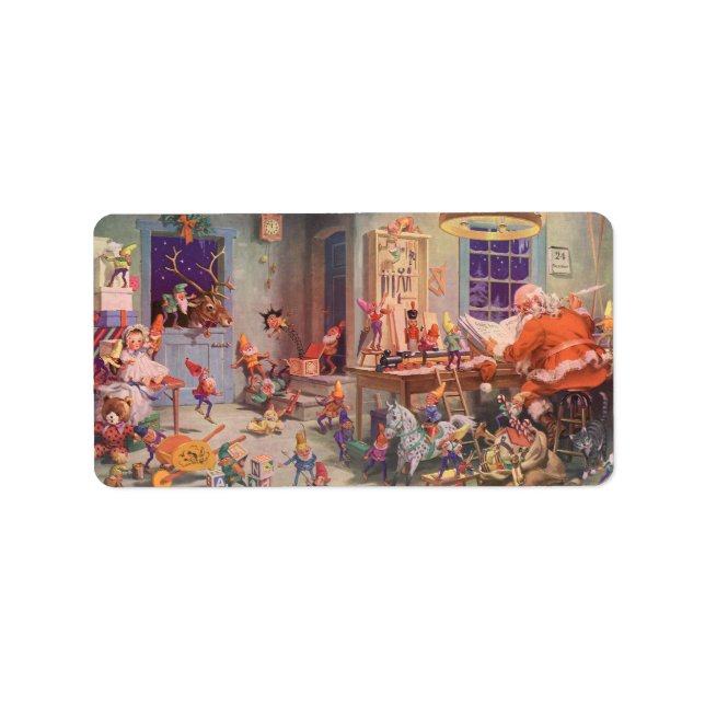 Weihnachten, Weihnachtsmann mit Elfen Workshop Adressaufkleber (Vorne)