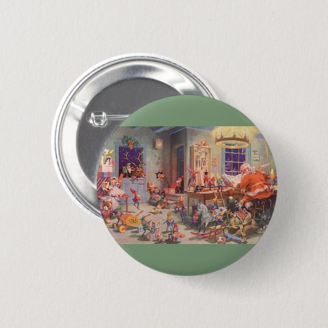 Weihnachten, Weihnachtsmann mit Elfen Workshop Button (Vorne & Hinten)