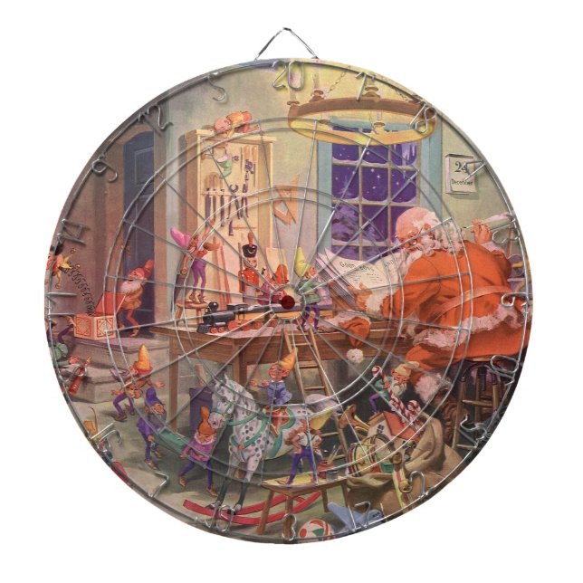 Weihnachten, Weihnachtsmann mit Elfen Workshop Dartscheibe (vorne)