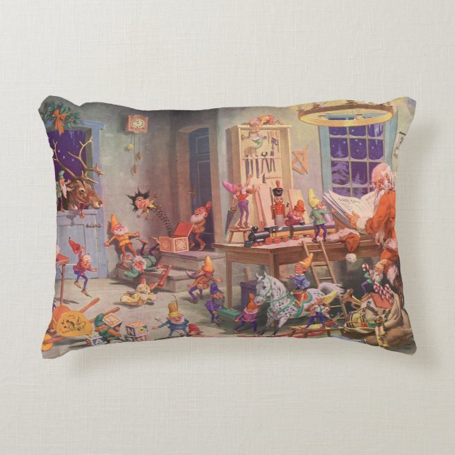 Weihnachten, Weihnachtsmann mit Elfen Workshop Dekokissen (Vorderseite)