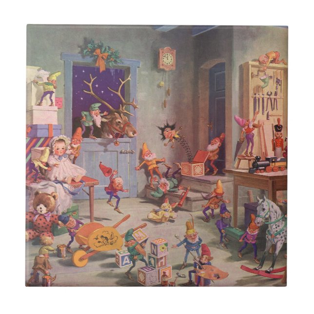 Weihnachten, Weihnachtsmann mit Elfen Workshop Fliese (Vorderseite)