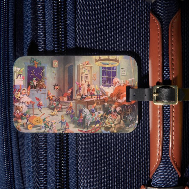 Weihnachten, Weihnachtsmann mit Elfen Workshop Gepäckanhänger (Vorderseite Insitu 4)