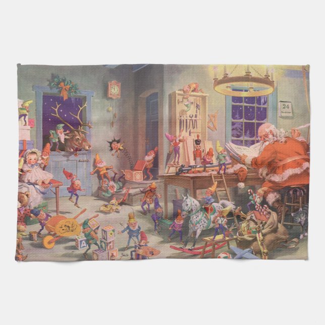 Weihnachten, Weihnachtsmann mit Elfen Workshop Geschirrtuch (Horizontal)