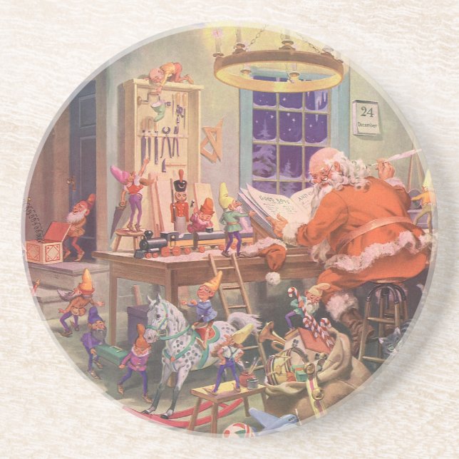 Weihnachten, Weihnachtsmann mit Elfen Workshop Getränkeuntersetzer (Vorne)