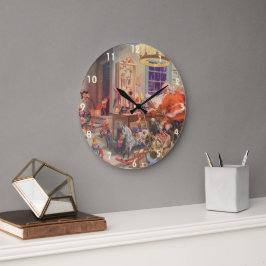 Weihnachten, Weihnachtsmann mit Elfen Workshop Große Wanduhr