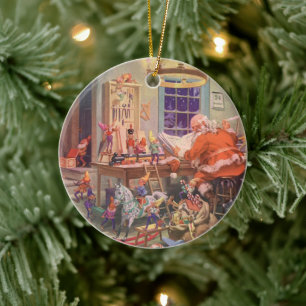 Weihnachten, Weihnachtsmann mit Elfen Workshop Keramikornament