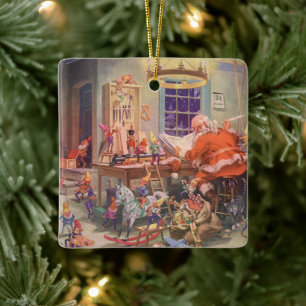 Weihnachten, Weihnachtsmann mit Elfen Workshop Keramikornament