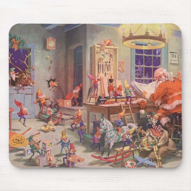 Weihnachten, Weihnachtsmann mit Elfen Workshop Mousepad (Vorne)