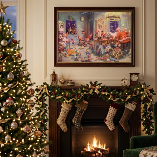 Weihnachten, Weihnachtsmann mit Elfen Workshop Poster (Vintage illustration with elves building toys and dolls in Santa's workshop on Christmas Eve.)
