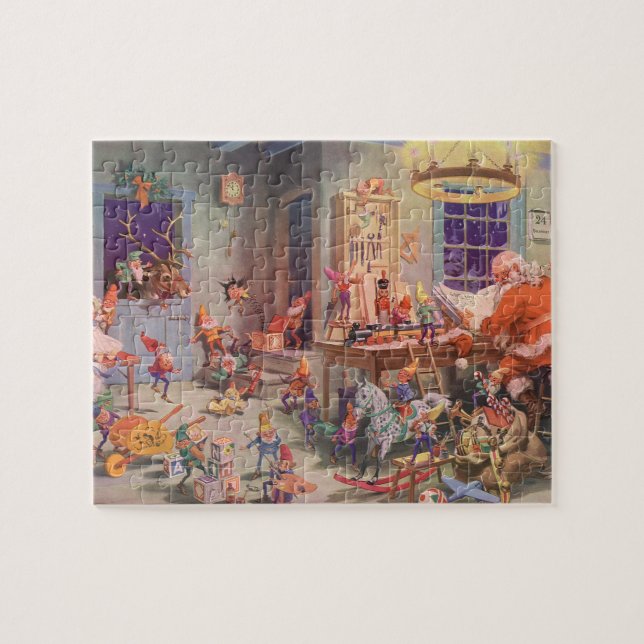 Weihnachten, Weihnachtsmann mit Elfen Workshop Puzzle (Horizontal)