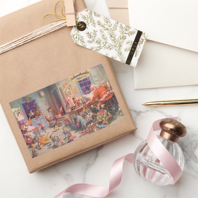 Weihnachten, Weihnachtsmann mit Elfen Workshop Rechteckiger Aufkleber (Schenken)