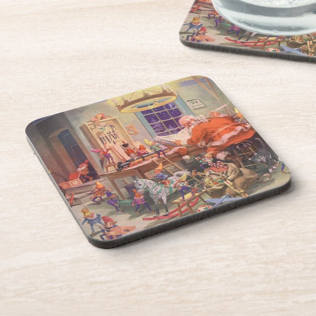 Weihnachten, Weihnachtsmann mit Elfen Workshop Untersetzer (Linke Seite)