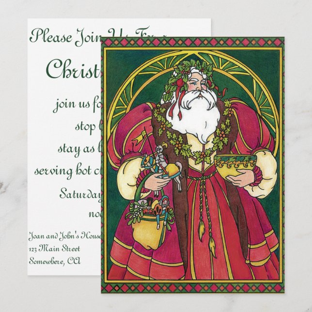 Weihnachten, Weihnachtsmann mit Holly-Blätter Einladung (Vorne/Hinten)