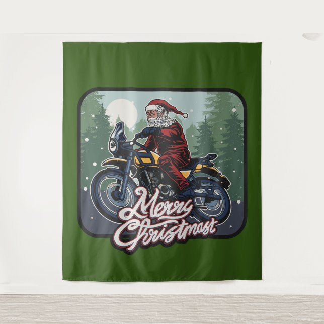 Weihnachten Weihnachtsmann Motorradfahren Hintergr Wandteppich (Vorderseite)