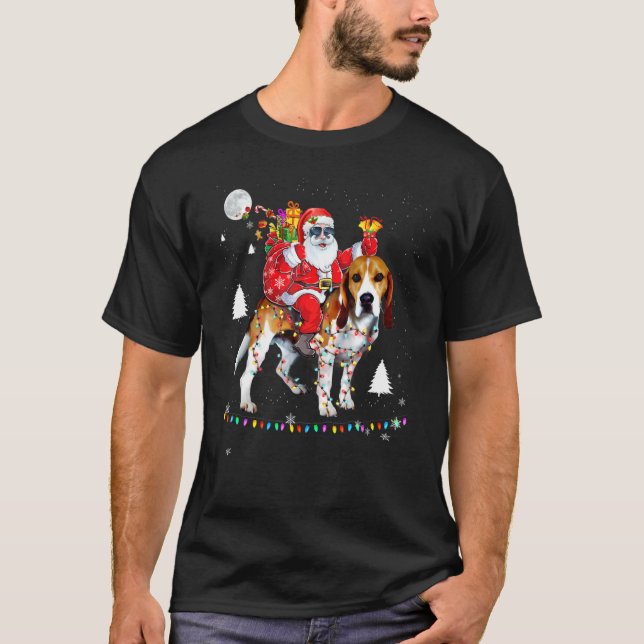 Weihnachten Weihnachtsmann Reiten Beagles Lichter  T-Shirt (Vorderseite)