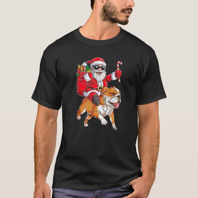 Weihnachten Weihnachtsmann Reiten English Bulldog  T-Shirt (Vorderseite)