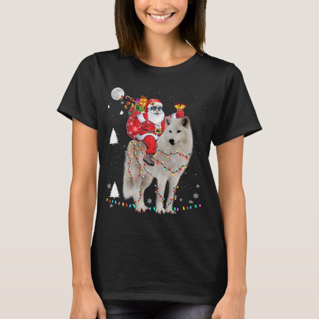 Weihnachten Weihnachtsmann Reiten Samoyed Lights X T-Shirt (Vorderseite)