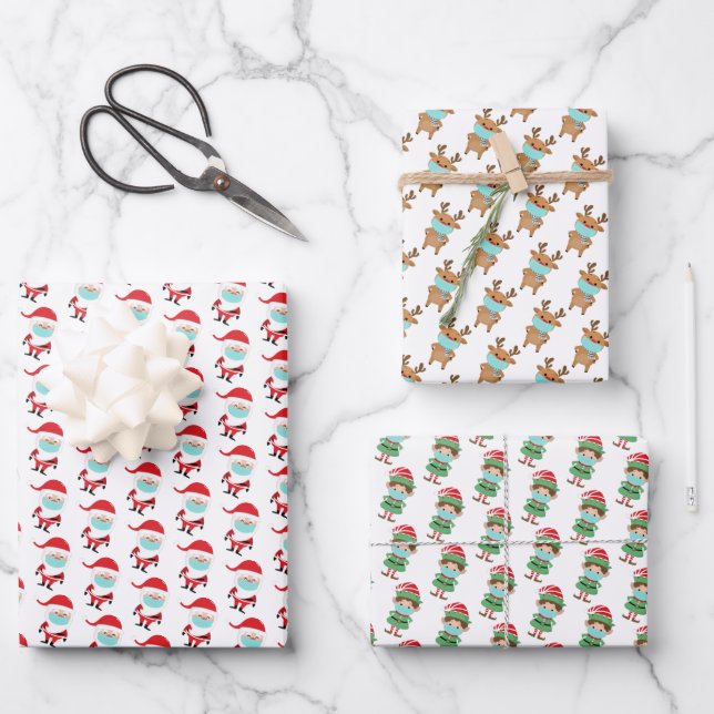 Weihnachten Weihnachtsmann-Rentier mit Gesichtsmas Geschenkpapier Set (Vorderseite)