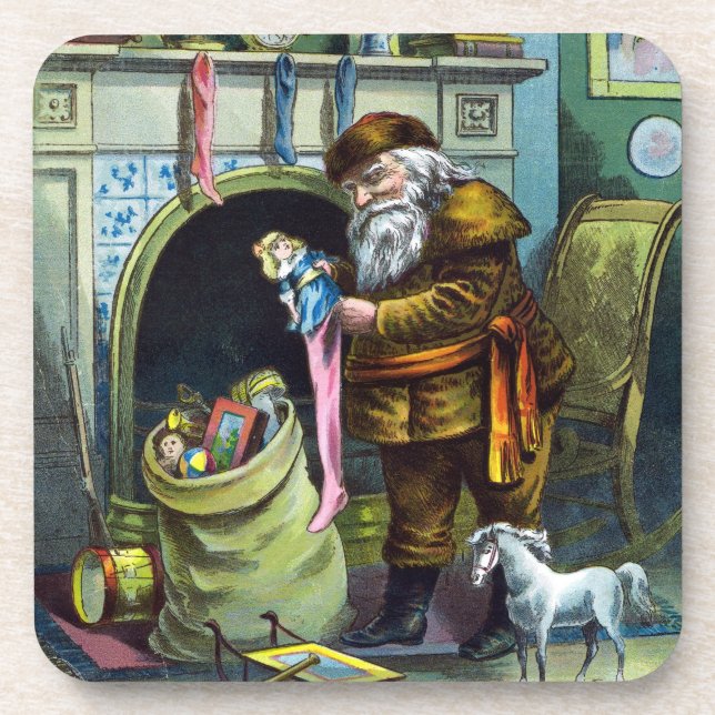 Weihnachten, Weihnachtsmann, Strümpfe mit Spielzeu Getränkeuntersetzer (Vorderseite)