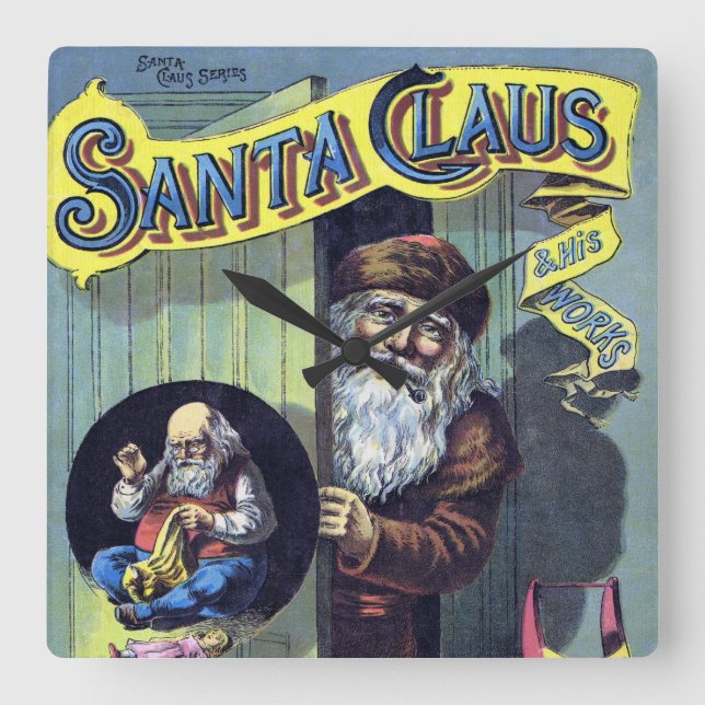 Weihnachten, Weihnachtsmann und sein Werk Quadratische Wanduhr (Vorderseite)