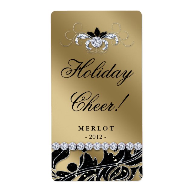 Weihnachten Wein Label Glitzer Blätter Gold Schwar (Vorne)