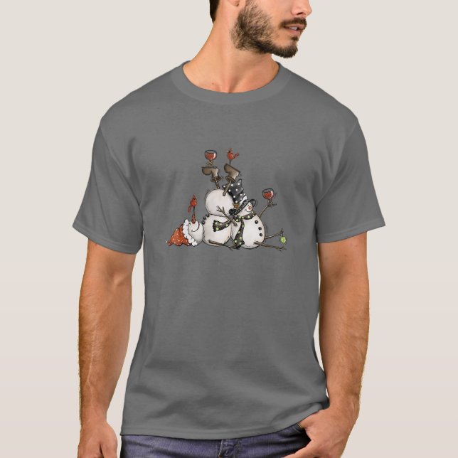 Weihnachten Wein Weihnachten Zwei Snowman Wein Alk T-Shirt (Vorderseite)