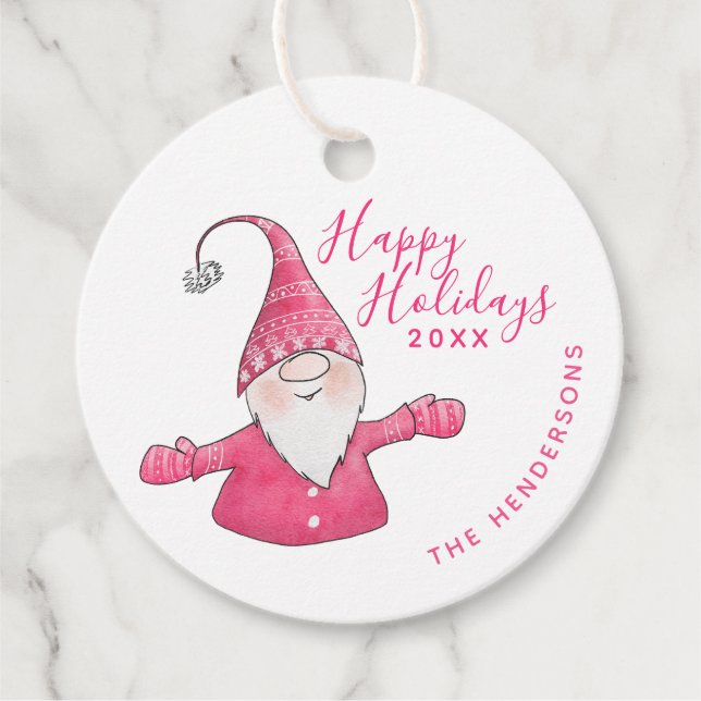 Weihnachten Weiß und Rosa Gnome Happy Holidays Geschenkanhänger (Vorderseite)