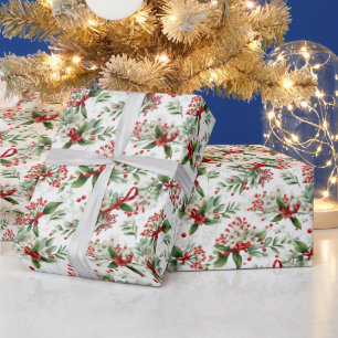Weihnachten Weiße Blume und Rote Beeren Geschenkpapier