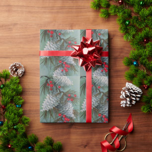 Weihnachten, Weißer Pine Cones Red Berries Retro Geschenkpapier