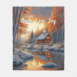 Weihnachten Winter Blockhütte Schnee Fluss Sonne Fleecedecke