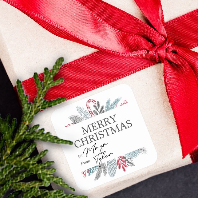 Weihnachten Winter botanische Landschaft zu und vo Quadratischer Aufkleber (Christmas Winter Botanical Greenery To and From Square Sticker)