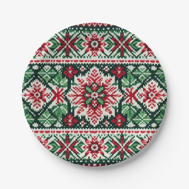 Weihnachten/Winter Fair Isle rot & grün Pappteller (Vorderseite)