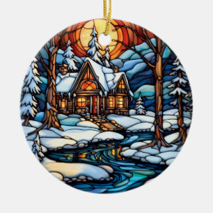 Weihnachten Winter Landschaft Buntglasstil Keramik Ornament