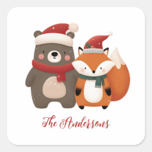 Weihnachten/Winter Niedlicher Bär & Fox Quadratischer Aufkleber