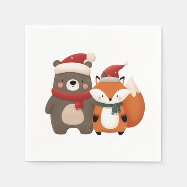 Weihnachten/Winter Niedlicher Bär & Fox Serviette (Vorderseite)