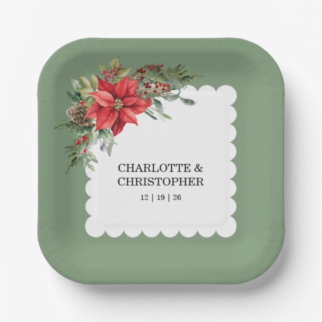 Weihnachten Winter Poinsettia Watercolor Pappteller (Vorderseite)