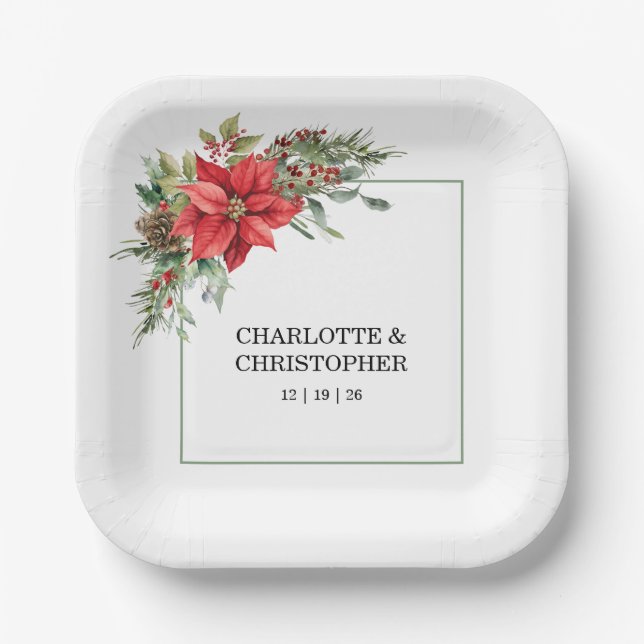 Weihnachten Winter Poinsettia Watercolor Pappteller (Vorderseite)