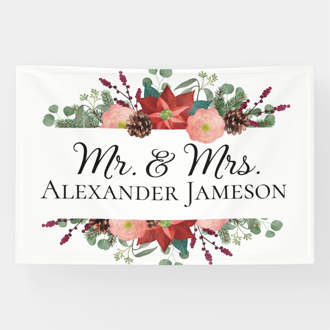 Weihnachten Winter Red Floral Mr & Mrs Wedding Banner (Horizontal)