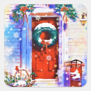 Weihnachten Winter Rote Zuhause Tür Wasserfarbe Quadratischer Aufkleber