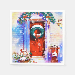 Weihnachten Winter Rote Zuhause Tür Wasserfarbe Serviette